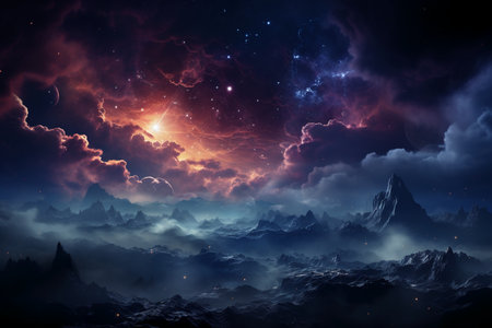 Fantasy landscape with mountains and nebula. 3d illustration.の素材
