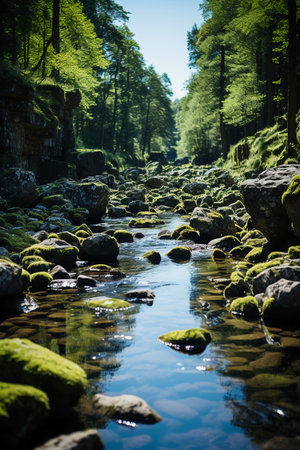 Stream in the forest with stones and green moss in the foreground.の素材