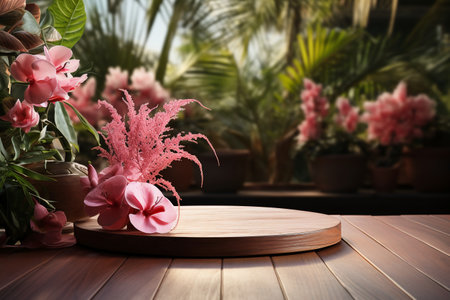 Wooden table with beautiful flowers on blurred background, 3d renderingの素材