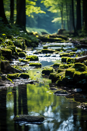 Beautiful spring landscape in the forest with a small river and mossの素材