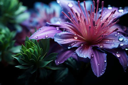 Beautiful purple flower with water drops on black background, close upの素材