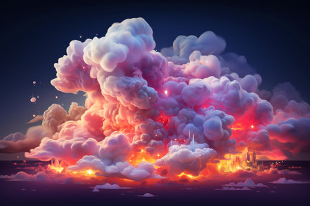 3D illustration of a large explosion with smoke and gas in the night skyの素材