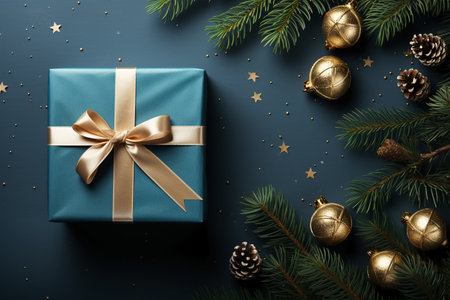 Christmas gift box with golden ribbon and fir tree branches on dark blue backgroundの素材