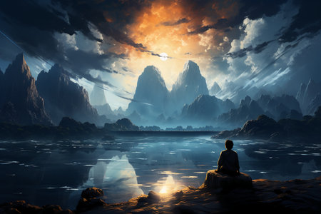 Man meditating on the edge of the lake. 3d renderingの素材