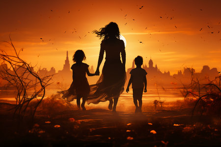 Silhouette of a mother and her two daughters on the sunset backgroundの素材