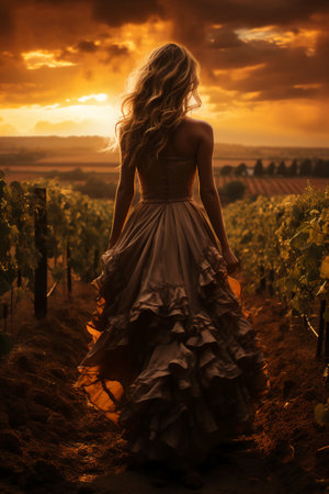 Beautiful young woman in a long dress in the vineyard at sunsetの素材