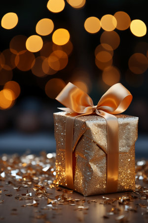 Gift box with golden bow on bokeh background, closeupの素材