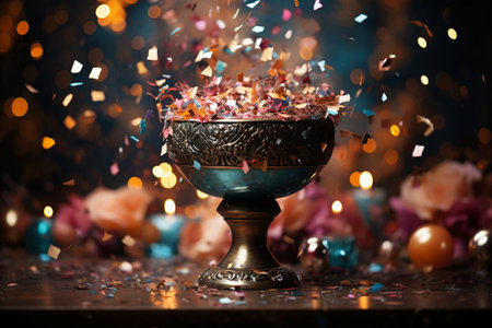 Colorful confetti in a glass bowl with bokeh backgroundの素材