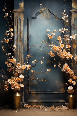 Vintage interior with flowers in vase and old door, retro styleの素材