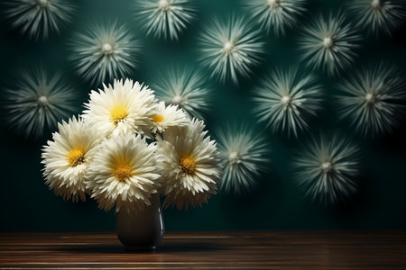 White chrysanthemums in a vase on a dark backgroundの素材