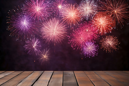 Colorful fireworks display over wooden deck table with space for your textの素材