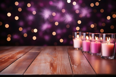 Burning candles on wooden table against bokeh lights on backgroundの素材
