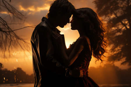 Silhouette of young couple in love kissing on the beach at sunsetの素材