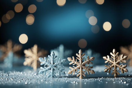 Christmas background with snowflakes on blue bokeh background.の素材