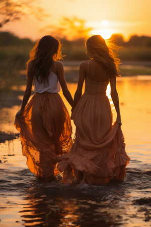 Two beautiful girls in long dresses walk along the shore of the lake at sunset.の素材
