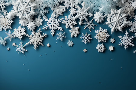 Christmas background with white snowflakes on blue background. Copy space.の素材