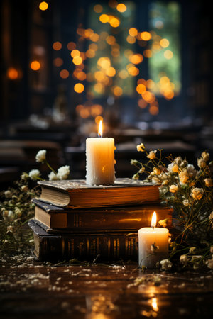 Old books, candles and flowers on wooden table. Dark background.の素材