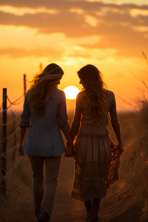 Two girls walking in a wheat field at sunset, back view.の素材