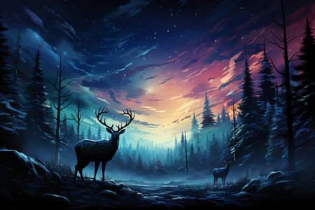 Fantasy landscape with deer in the forest at night. Vector illustrationの素材