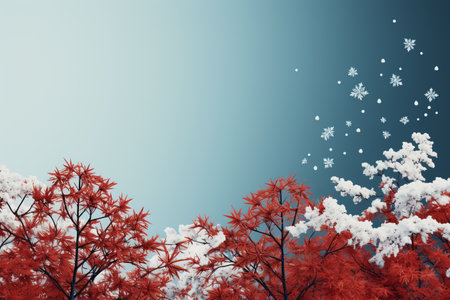 Winter landscape with trees and snowflakes, 3D illustration.の素材