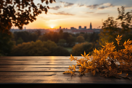 Empty wooden table with autumn leaves on blurred city background. Ready for product display montageの素材