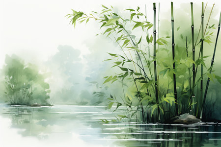 Bamboo forest and lake. Watercolor painting. Vector illustration.の素材