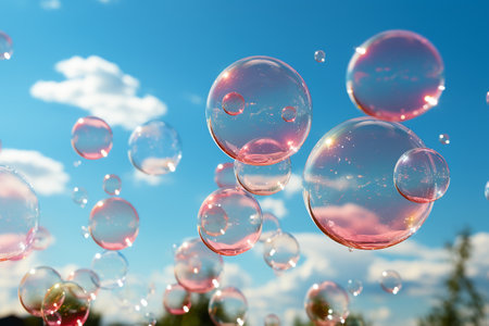 Colorful soap bubbles on a background of blue sky with clouds.の素材
