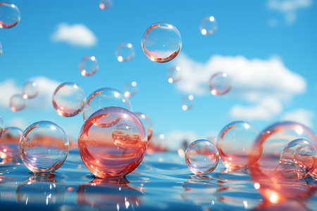 Soap bubbles on the water with blue sky background. 3d renderingの素材