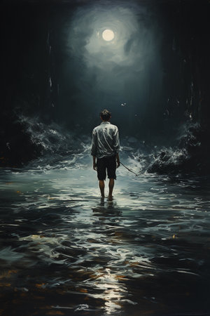 Mysterious man standing in the dark cave. 3d renderingの素材