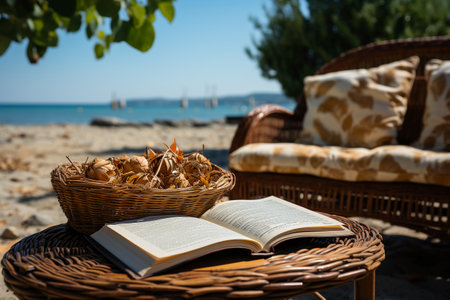 Open book and wicker basket with autumn leaves on the beach.の素材