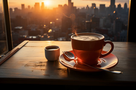 Cup of coffee on wooden table with city view at sunset.の素材
