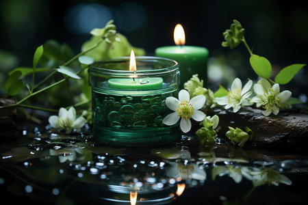 Spa still life with jasmine flowers and candles on dark backgroundの素材