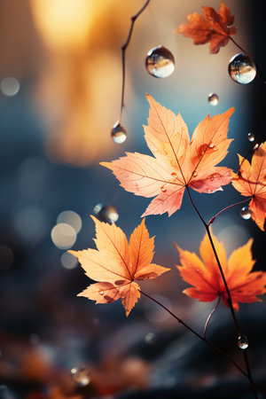 Autumn maple leaves with water drops on bokeh background.の素材