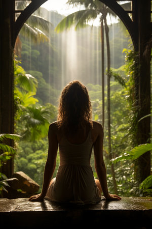 Young woman sitting in front of a window in a beautiful tropical jungleの素材
