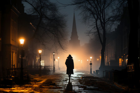 Silhouette of woman walking in foggy street at night.の素材