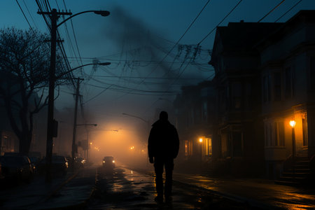 Man walking on the street at night with fog in the background.の素材