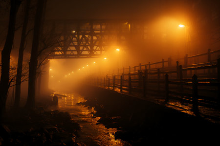 Foggy night in the city. The bridge over the river.の素材