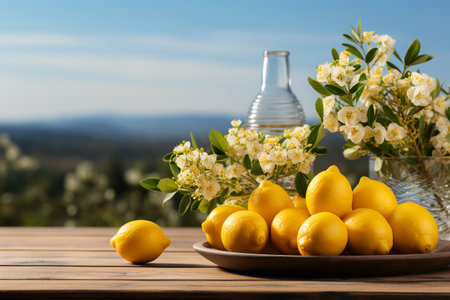 Lemons and jasmine flowers on a wooden table in the gardenの素材