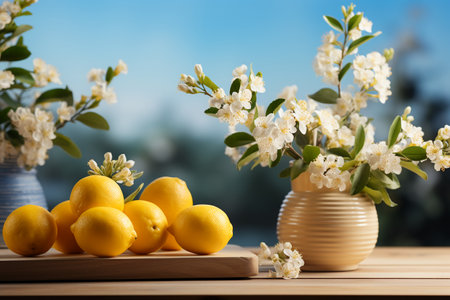 Lemons in vase on wooden table against blurred background.の素材