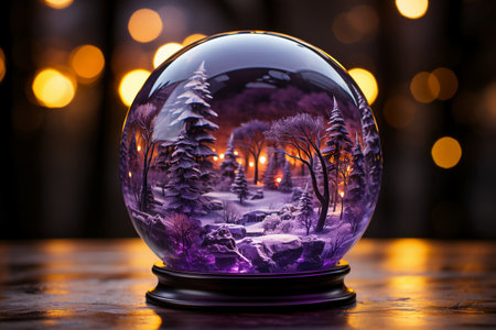 Crystal ball with winter forest and bokeh lights on background.の素材