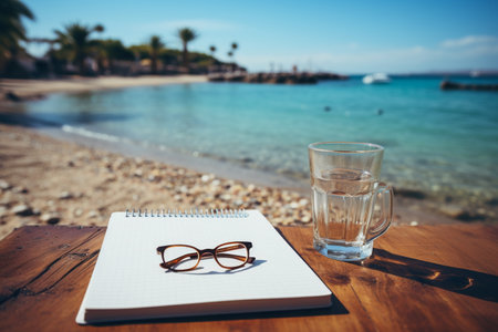 Notebook with glasses on the beach. Travel and vacation concept.の素材