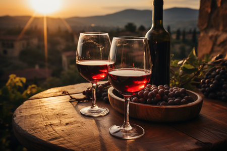 Two glasses of red wine on wooden table in vineyard at sunsetの素材
