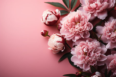 Beautiful peony flowers on pink background, flat lay. Space for textの素材