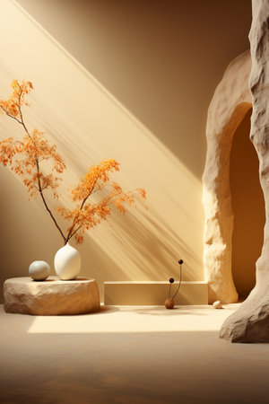 3d render of minimal scene with geometrical forms and plantsの素材