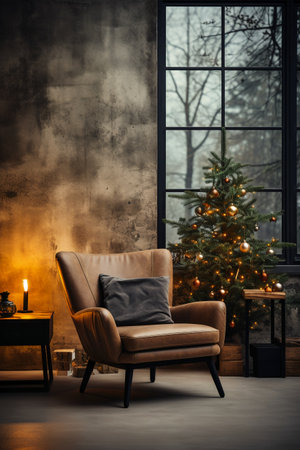 Christmas living room interior with armchair, fireplace and christmas treeの素材