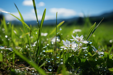 Meadow with white flowers and water drops on green grass.の素材