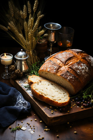 Fresh baked bread on a wooden board. Dark rustic style.の素材