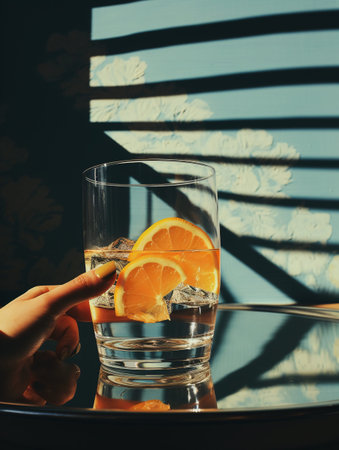 hand holding a slice of orange in a glass of water with iceの素材