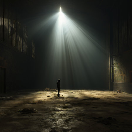 Conceptual image of man standing in dark room with light beamの素材