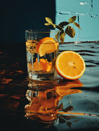 Glass of water with ice cubes, lemon and orange slices on dark backgroundの素材